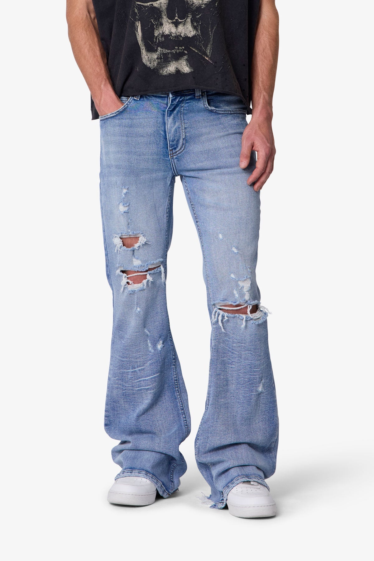 RETROFOLD DISTRESSED SUPER FLARE DENIM