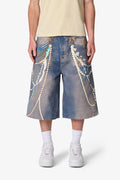 RETROFOLD  ULTRA BAGGY CHAIN PRINTED DENIM SHORTS