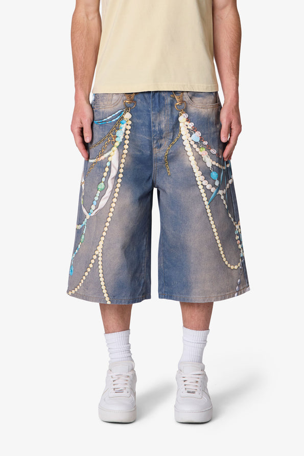 RETROFOLD  ULTRA BAGGY CHAIN PRINTED DENIM SHORTS