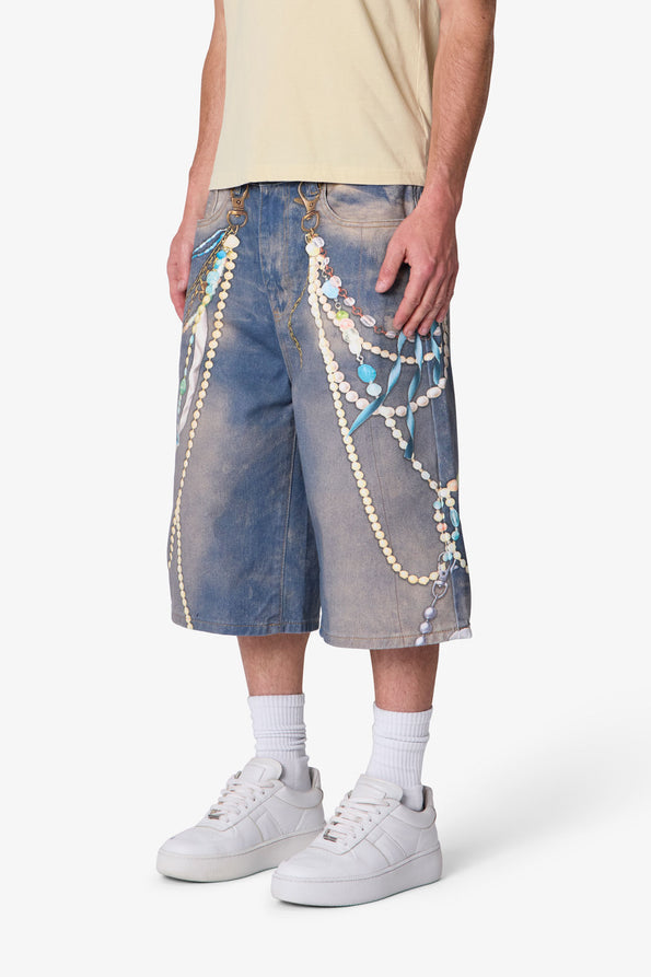 RETROFOLD  ULTRA BAGGY CHAIN PRINTED DENIM SHORTS