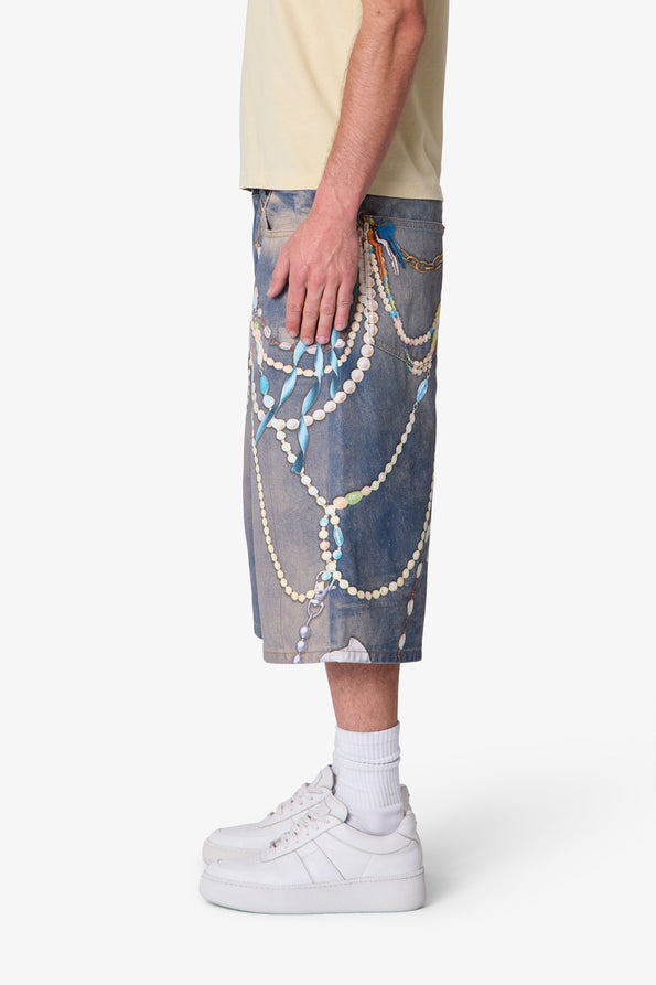 RETROFOLD  ULTRA BAGGY CHAIN PRINTED DENIM SHORTS