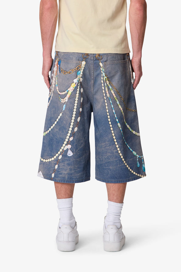 RETROFOLD  ULTRA BAGGY CHAIN PRINTED DENIM SHORTS