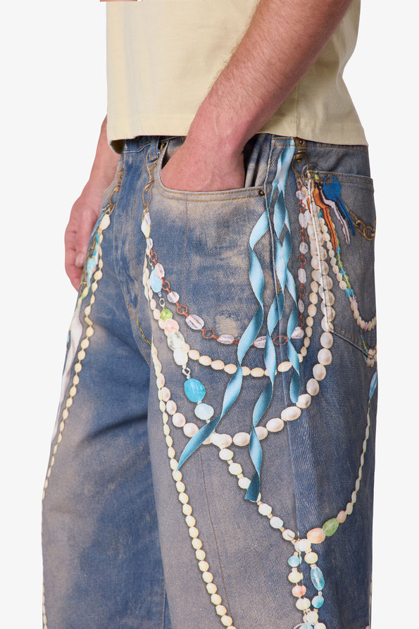 RETROFOLD  ULTRA BAGGY CHAIN PRINTED DENIM SHORTS