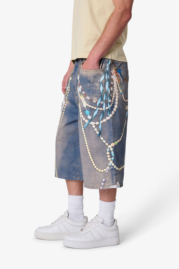 RETROFOLD  ULTRA BAGGY CHAIN PRINTED DENIM SHORTS
