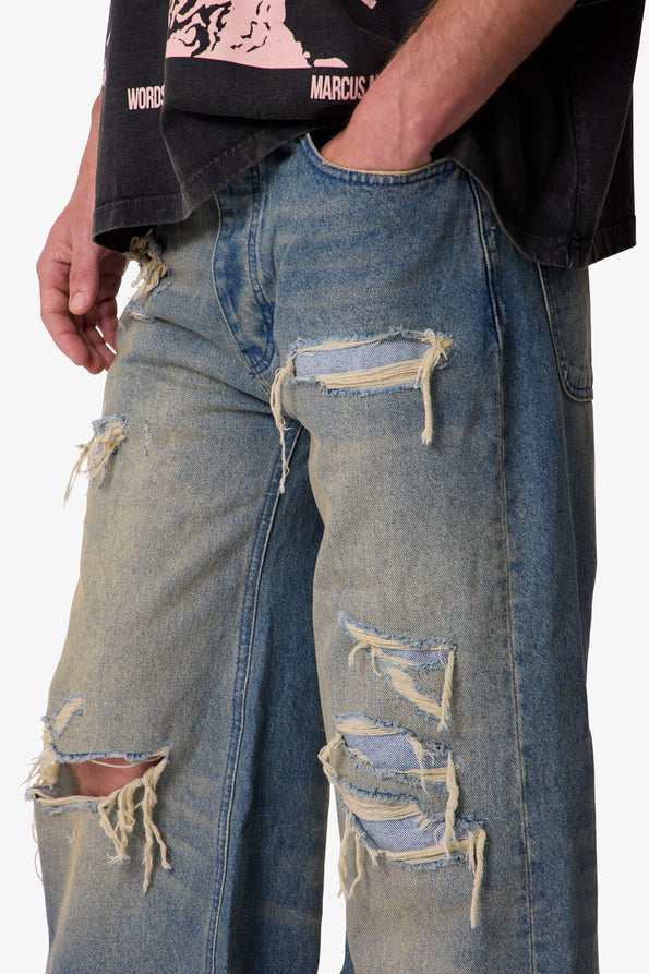 RETROFOLD  ULTRA WIDE DISTRESSED DENIM